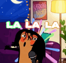 a cartoon of a woman singing into a microphone with the words la la la on the bottom