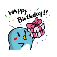 a blue penguin holding a pink gift box with the words happy birthday written above it