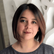 a woman with short brown hair and a gray shirt smiles for the camera