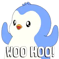a blue and white penguin with the words woo hoo on it
