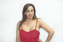 a woman in a red dress stands with her hand on her hips