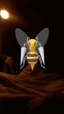 a yellow and black bee with red eyes is flying in a dark room