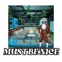 a man in a brown suit is standing in front of a bar with the words must be nice written below him