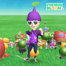 a man in a purple hat stands in a field of pikmin bloom