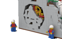 two lego figures are standing next to a brick wall with a hole in it