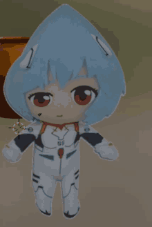 a stuffed toy of a girl with blue hair and a red eye