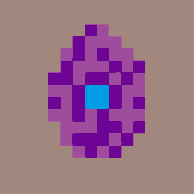 a pixel art drawing of a purple flower with a blue center .