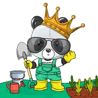 a panda bear wearing overalls and a crown holds a shovel