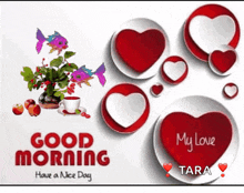 a good morning greeting card with hearts and a vase of flowers