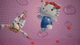a girl in overalls is holding a hello kitty doll