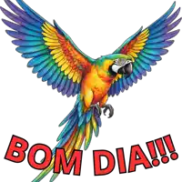 a colorful parrot with the words bom dia !!! below it