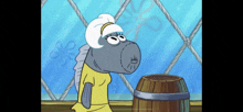 a cartoon character standing next to a wooden barrel and looking out a window