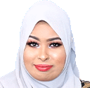 a close up of a woman wearing a white hijab and red lipstick .