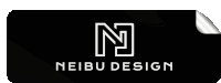 a black sticker with a white letter n and the word neibu design on it