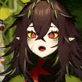 a close up of a girl with red eyes