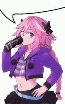 a girl with pink hair is drinking monster energy drink