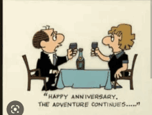 a cartoon of a man and a woman toasting their anniversary .