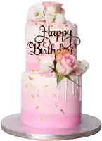 a pink and white cake with a happy birthday topper