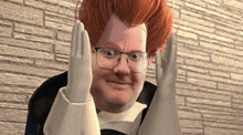 a cartoon character with red hair and glasses is making a face