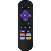 a black remote control with a purple button that says ok on it