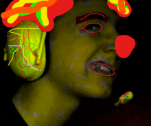 a drawing of a clown 's face with a yellow ear and red nose