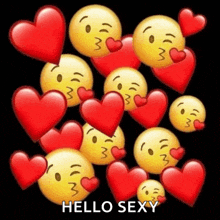 a bunch of smiley faces with red hearts around them and the words hello sexy on the bottom