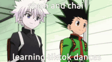 two anime characters are standing next to each other with the words learning tiktok dances on the bottom