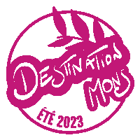 a pink and white logo for destination mons