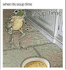 a frog is standing on its hind legs next to a bowl of soup .