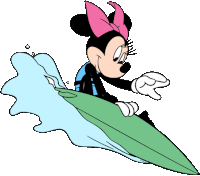 a cartoon of minnie mouse riding a surfboard on a wave