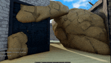 a screenshot of a video game shows a large rock blocking the door