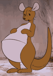 a cartoon kangaroo with a large belly is holding something