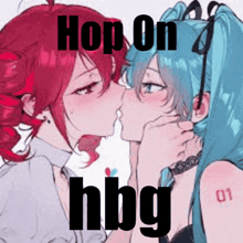 a couple of anime girls kissing each other with the words `` hop on hbg '' written on the bottom .