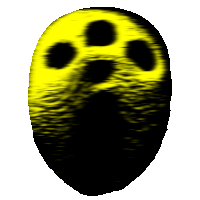 a yellow and black object with a ghost face on it