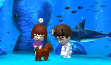 a boy and a girl are standing in front of a shark tank in a video game