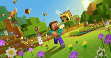 a man in a minecraft game is holding a flower and a bee .