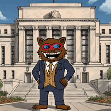 a cartoon of a bear wearing a suit and tie stands in front of a building