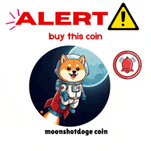 a poster that says alert buy this coin with a dog on a rocket