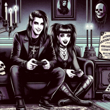 a man and a woman are sitting on a couch playing a video game with an ouija board in the background