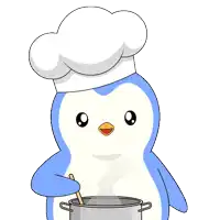 a penguin wearing a chef hat stirs a pot