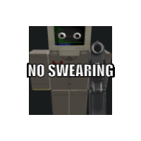 a picture of a robot holding a gun with the words no swearing on it .