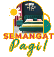 a poster that says semangat pagi with a green bed