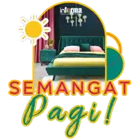 a poster that says semangat pagi with a green bed