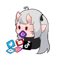 a cartoon drawing of a girl with horns surrounded by social media icons including twitter youtube and tiktok