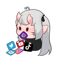 a cartoon drawing of a girl with horns surrounded by social media icons including twitter youtube and tiktok