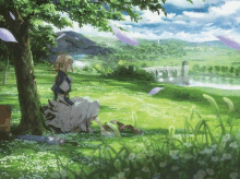 a painting of a girl sitting under a tree