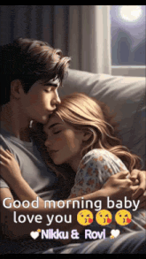 a man kissing a woman on the cheek while laying on a bed