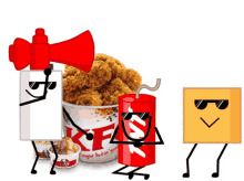 a bucket of fried chicken sits next to a dynamite and a box