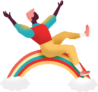 a man is sitting on a rainbow with his arms outstretched