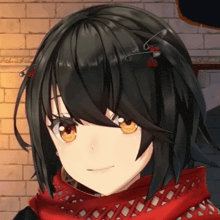 a close up of a girl 's face with a red scarf and safety pins in her hair